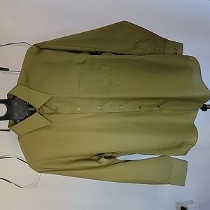 Van Heusen Fitted Button Down Shirt, Olive w/Satin Pinstripes,17 1/2 Neck 34/35